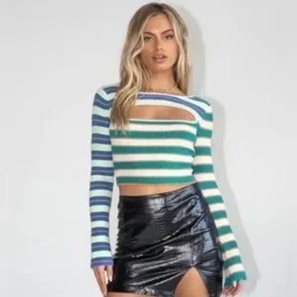 Princess Polly Paulina Striped Ribbed Knit Cutout Crop Top Multi Color L/XL